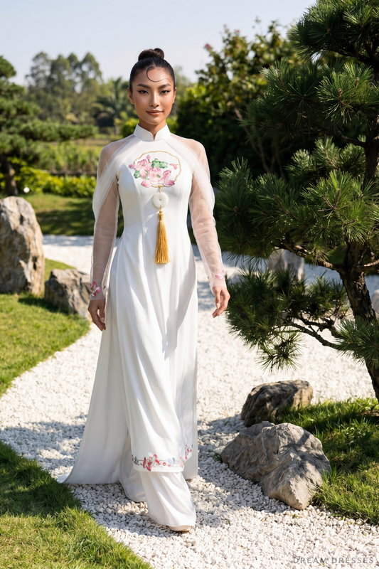 White Bridal Embroidery Ao Dai | Modern Vietnamese Bridal Dress (#REGINYA) - Dream Dresses by P.M.N.