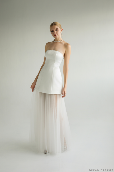 blue dress for baby girl Zapaka Women Elegant White Wedding Dress with Slit A Line Strapless Pleated Sweep Train Bridal Dress, White / US12