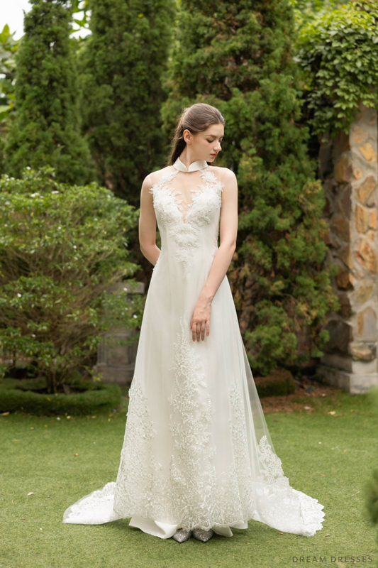 White Ao Dai | Modern Vietnamese Bridal Dress with Couture Lace (#KINA) - Dream Dresses by P.M.N.
