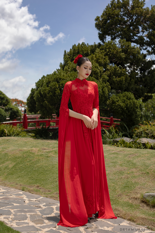 Red Bridal Ao Dai | Modern Vietnamese Bridal Dress with Couture Lace (#NOA) - Dream Dresses by P.M.N.