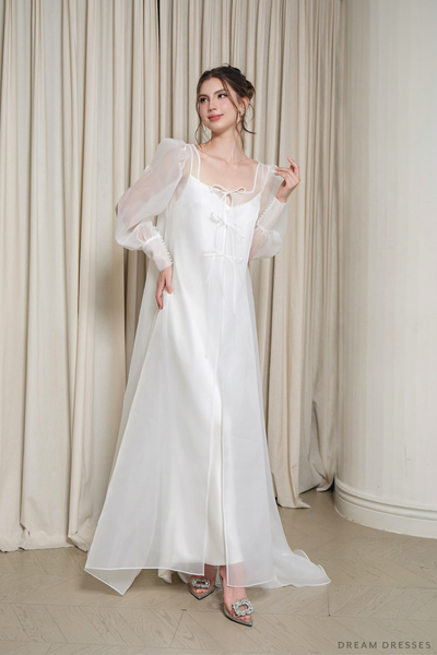 silk organza wedding dress DreamDress By PMN Esma Squared Neck Overlay Wedding Dress Gown V-Neck Spaghetti Strap Slip Balloon Chapel Train | Size: 24