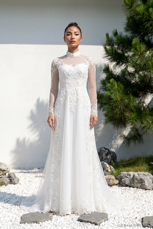 White Bridal Ao Dai | Modern Vietnamese Bridal Dress (#LING) - Dream Dresses by P.M.N.