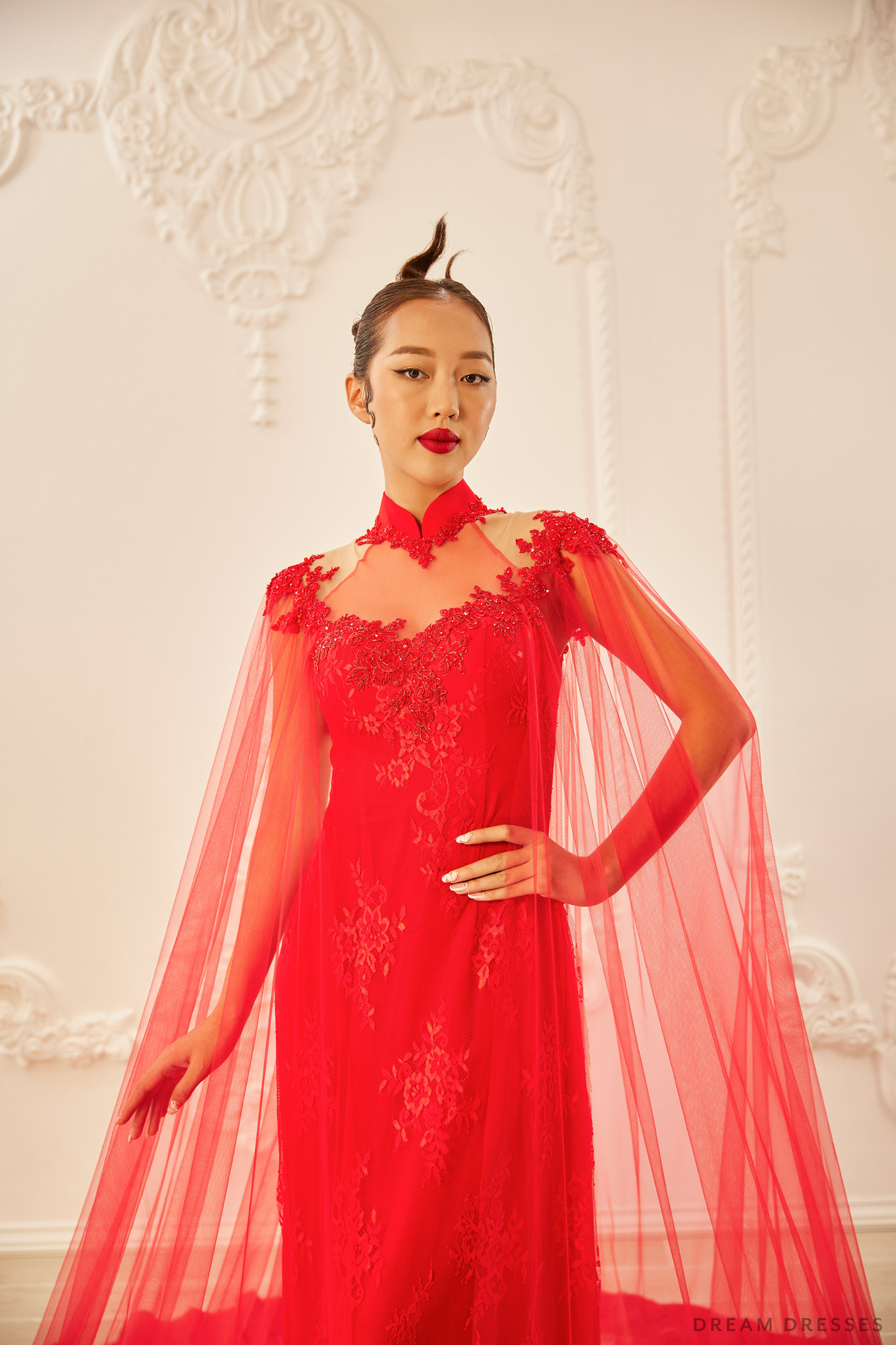 Red Bridal Ao Dai with Cape Sleeves | Vietnamese Bridal Dress (#SHANG)
