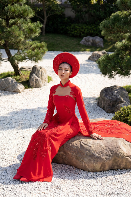 Red Bridal Ao Dai | Modern Vietnamese Bridal Dress (#AYLIN) - Dream Dresses by P.M.N.