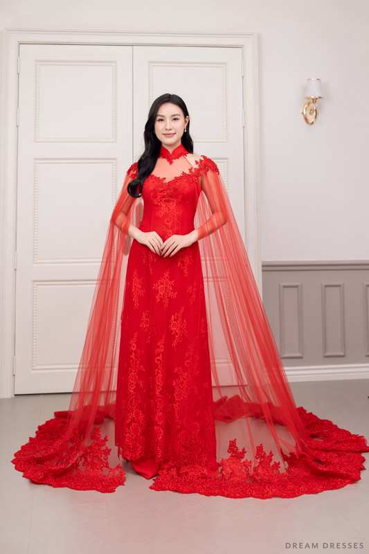 Red Bridal Ao Dai with Cape Sleeves | Vietnamese Bridal Dress (#SHANG) - Dream Dresses by P.M.N.