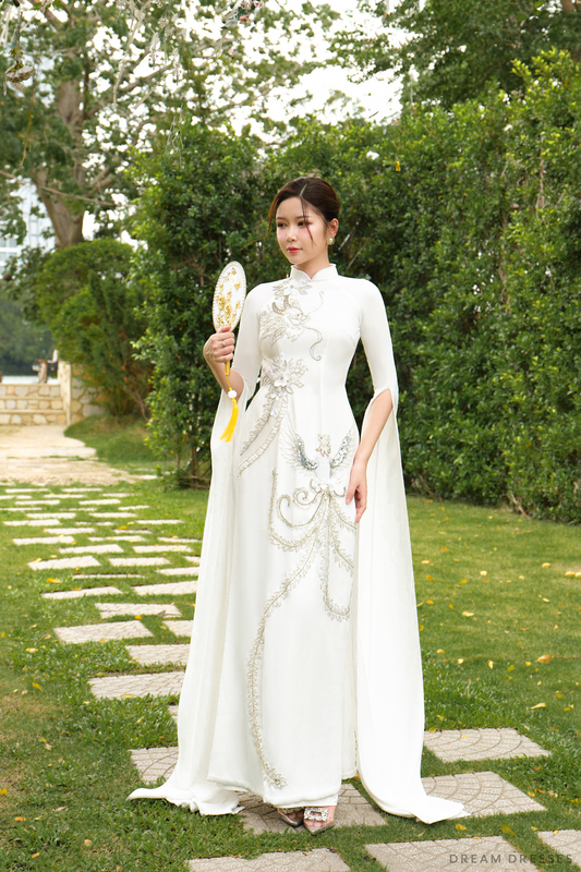 White Bridal Ao Dai | Modern Vietnamese Bridal Dress with Couture Lace (#CHARMY) - Dream Dresses by P.M.N.