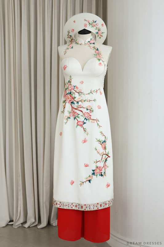 Cheongsam-Inspired Ao Dai | Ivory Silk Ao Dai with Embroidery (#YUE) - Dream Dresses by P.M.N.
