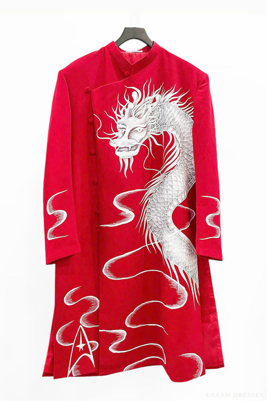 Red Groom Ao Dai Jacket | Hand-Painted Dragon Vietnamese Ao Dai (#CUONG) - Dream Dresses by P.M.N.