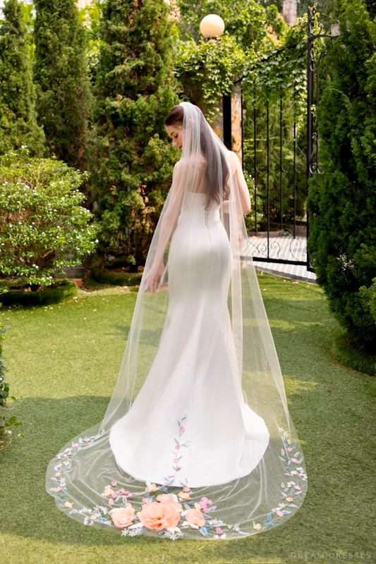 Single Tier 3D Flowers Wedding Veil (#KINSEY) - Dream Dresses by P.M.N.