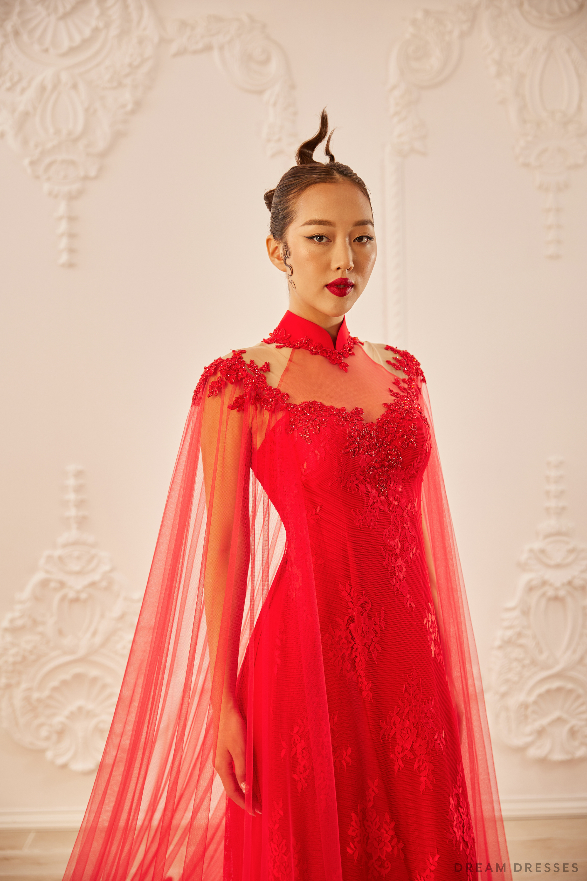 Red Bridal Ao Dai with Cape Sleeves | Vietnamese Bridal Dress (#SHANG)