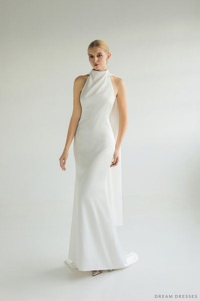 DreamDress By PMN Rosy Fit & Flare Wedding Dress Gown Halter Neckline Open Low Back With French Lace Ankle Length Scarf Back Sweep Train | Size: 2