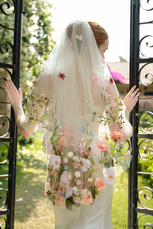 Fingertip Veil with 3D Floral & Ribbon Embellishment (#VALERIA) - Dream Dresses by P.M.N.