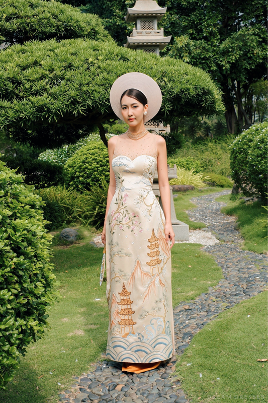 Champagne Bridal Embroidery Ao Dai | Modern Vietnamese Bridal Dress (#MEILYN) - Dream Dresses by P.M.N.