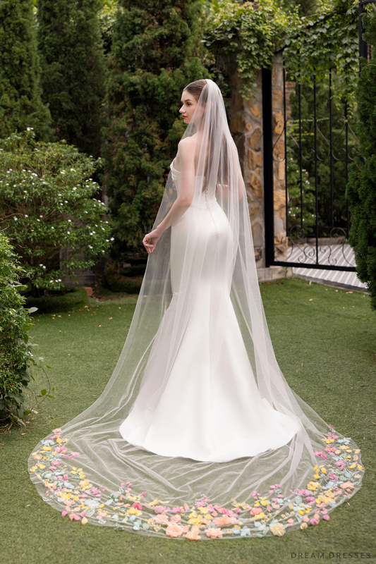 3D Flowers Cathedral Bridal Veil (#ROISIN) - Dream Dresses by P.M.N.