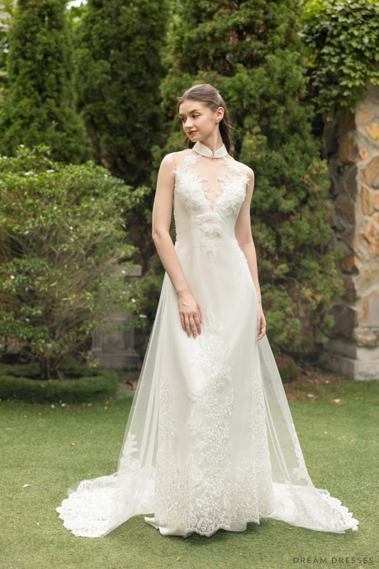 White Ao Dai | Modern Vietnamese Bridal Dress with Couture Lace (#KINA) - Dream Dresses by P.M.N.