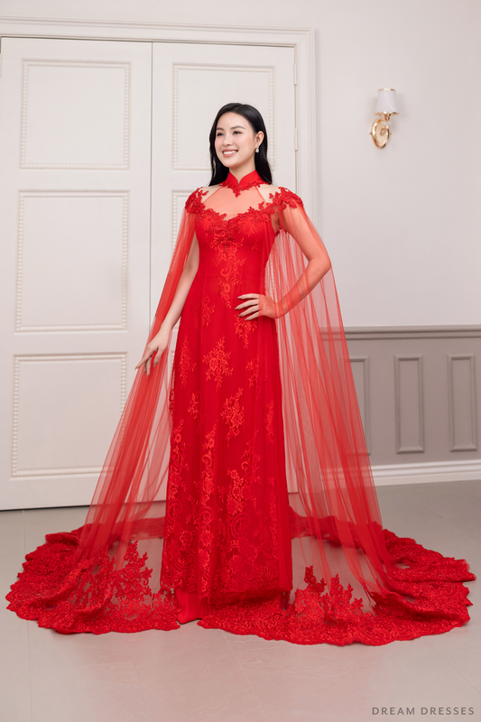 Red Bridal Ao Dai with Cape Sleeves | Vietnamese Bridal Dress (#SHANG) - Dream Dresses by P.M.N.