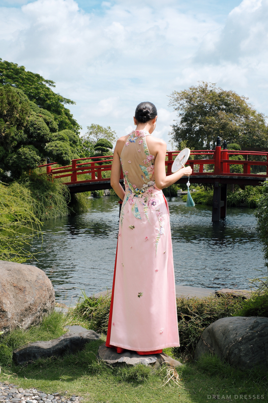 Pink Bridal Embroidery Ao Dai | Modern Vietnamese Bridal Dress (#CELESTYA) - Dream Dresses by P.M.N.
