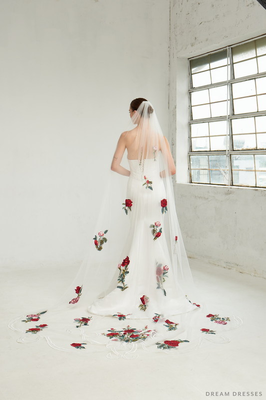Romantic Red Rose Embroidered Veil (#JENNY) - Dream Dresses by P.M.N.