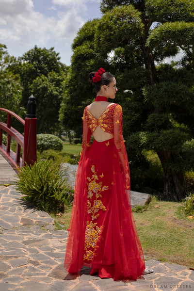 Red Bridal Áo Dài with Gold Lace