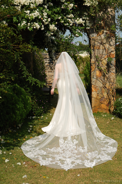 Cathedral-Length Wedding Veil with Blush Edge, Sara Cathedral-Length Wedding Veil with Blush Edge, Sara