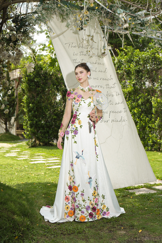 White Floral Embroidered Ao Dai | Vietnamese Modern Bridal Dress (#SAIKA) - Dream Dresses by P.M.N.