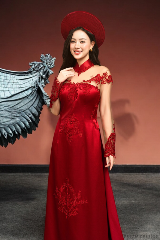 Red Bridal Ao Dai with Couture Lace | Vietnamese Bridal Dress (#AMINA) - Dream Dresses by P.M.N.