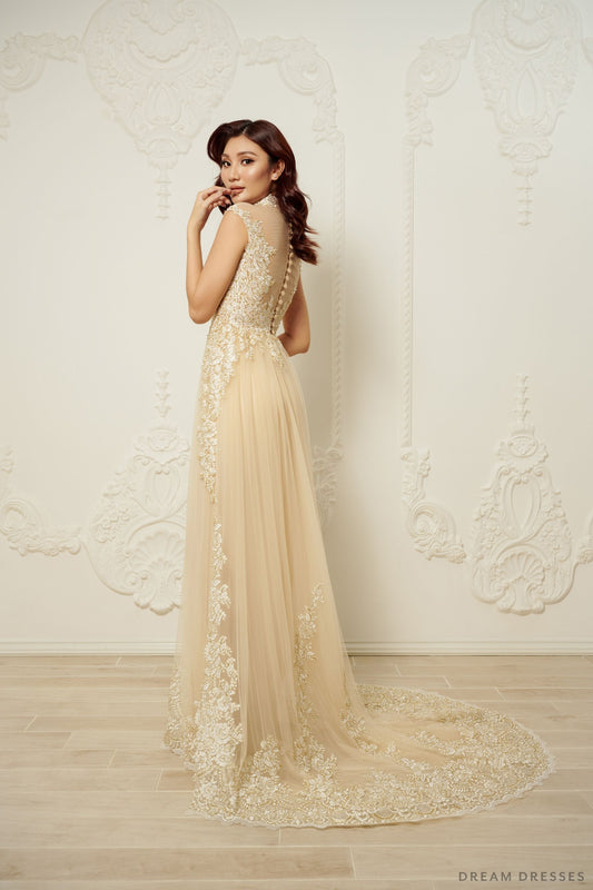 Champagne Bridal Ao Dai | Modern Vietnamese Bridal Dress (#SUYIN) - Dream Dresses by P.M.N.