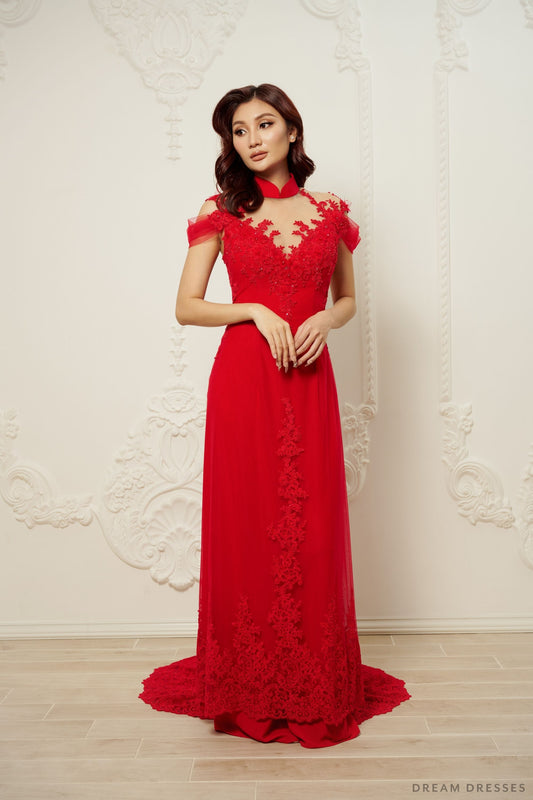 Red Bridal Ao Dai | Modern Vietnamese Bridal Dress (#EHUANG) - Dream Dresses by P.M.N.