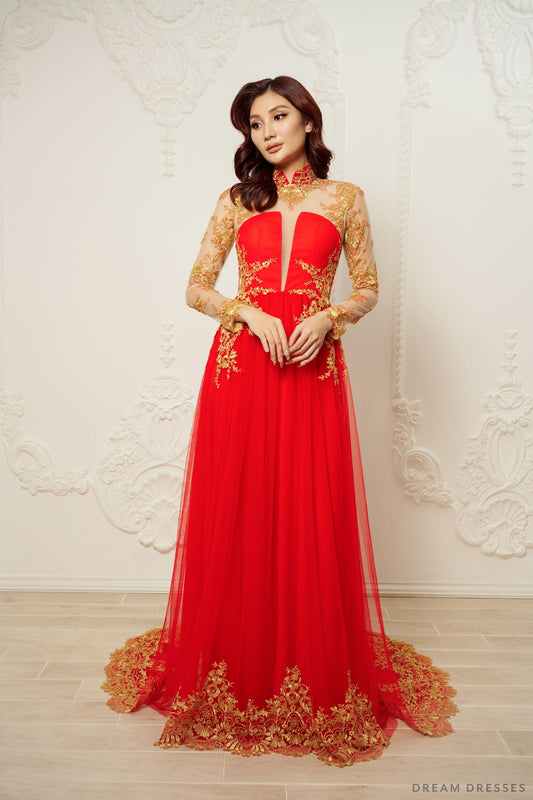 Red Bridal Ao Dai | Modern Vietnamese Bridal Dress (#CHANG) - Dream Dresses by P.M.N.