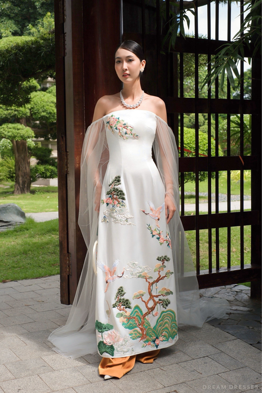 White Bridal Embroidery Ao Dai | Modern Vietnamese Bridal Dress (#ROYALINA) - Dream Dresses by P.M.N.