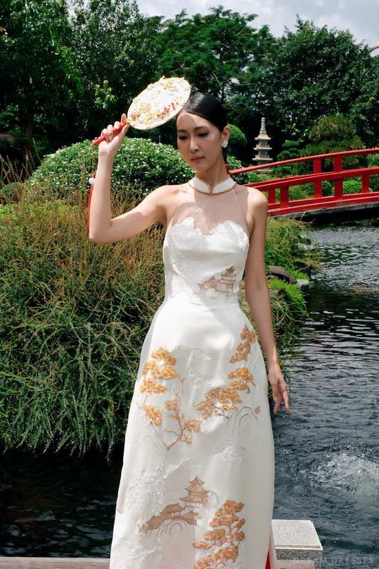 White Bridal Embroidery Ao Dai | Modern Vietnamese Bridal Dress (#YULAN) - Dream Dresses by P.M.N.