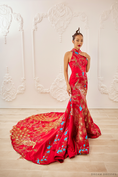 DreamDress By PMN Ruyi Cheongsam Inspired Mermaid Wedding Dress Gown Keyhole Back Phoenix Embellishments Cathedral | Size: 18