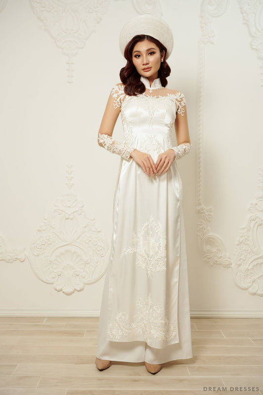 White Bridal Ao Dai | Vietnamese Traditional Bridal Dress (#DAXIA) - Dream Dresses by P.M.N.