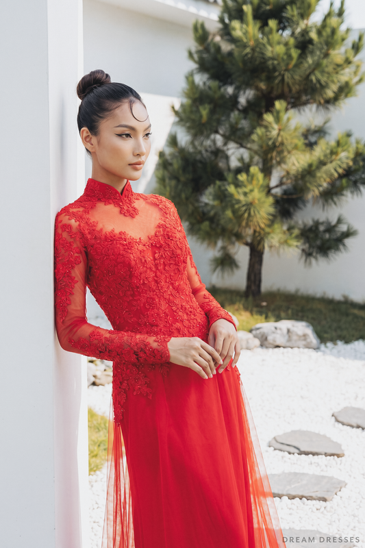 Red Bridal Ao Dai | Modern Vietnamese Bridal Dress (#VELORA) - Dream Dresses by P.M.N.