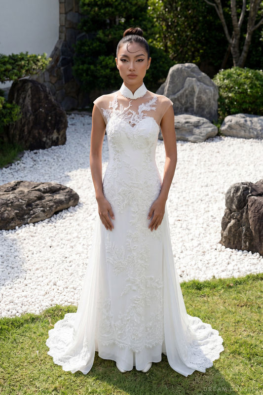 White Bridal Ao Dai | Modern Vietnamese Bridal Dress (#YING) - Dream Dresses by P.M.N.