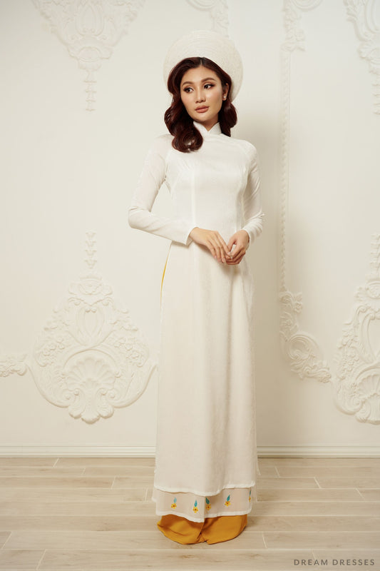 White Bridal Ao Dai | Vietnamese Traditional Bridal Dress (#LIENA) - Dream Dresses by P.M.N.