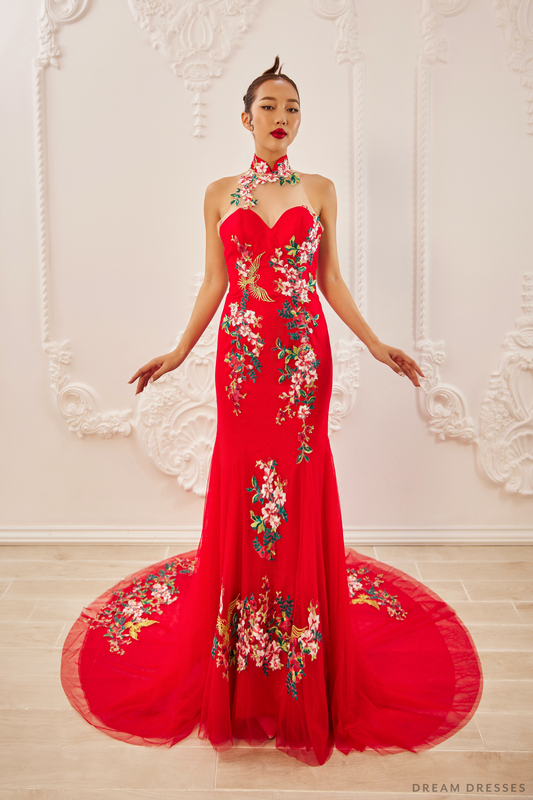 Red Bridal Cheongsam | Modern Cheongsam with Floral Lace (#CHOU) - Dream Dresses by P.M.N.