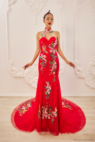 Red Bridal Cheongsam | Modern Cheongsam with Floral Lace (#CHOU)