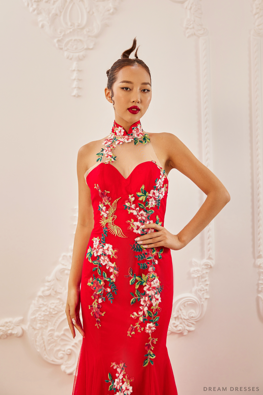 Red Bridal Cheongsam | Modern Cheongsam with Floral Lace (#CHOU) - Dream Dresses by P.M.N.