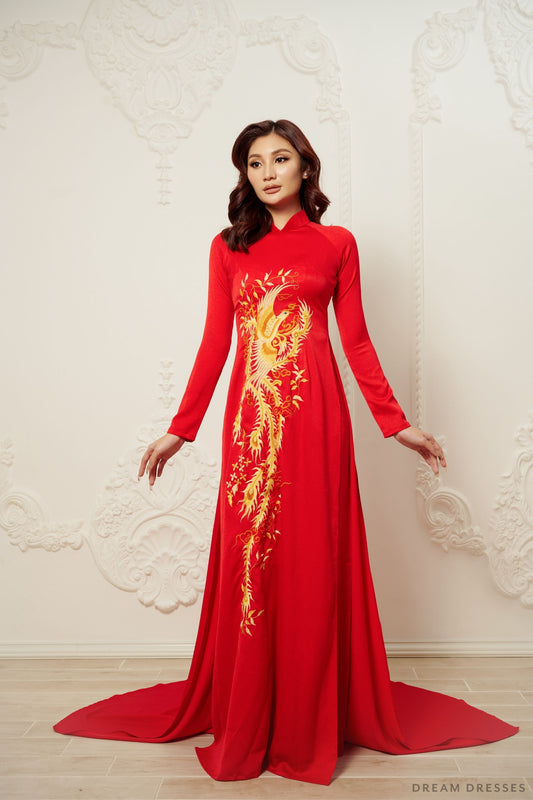 Red Bridal Ao Dai | Vietnamese Traditional Bridal Dress with Phoenix Embroidery (#PING) - Dream Dresses by P.M.N.
