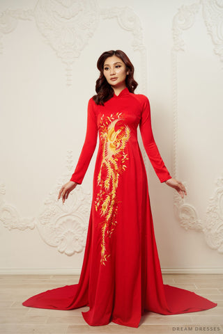 Red Bridal Ao Dai | Vietnamese Traditional Bridal Dress with Phoenix Embroidery (#PING)