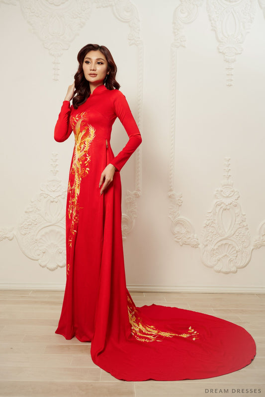 Red Bridal Ao Dai | Vietnamese Traditional Bridal Dress with Phoenix Embroidery (#PING) - Dream Dresses by P.M.N.