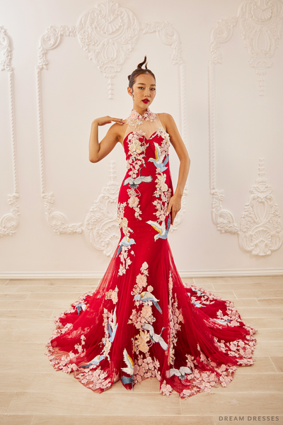 DreamDress By PMN Mira Chinese Cheongsam Mermaid Wedding Dress Gown Illusion Flowers Hummingbirds Lace Embellishment Cathedral | Size: 26 DreamDress By PMN Mira Chinese Cheongsam Mermaid Wedding Dress Gown Illusion Flowers Hummingbirds Lace Embellishment Cathedral | Size: 26