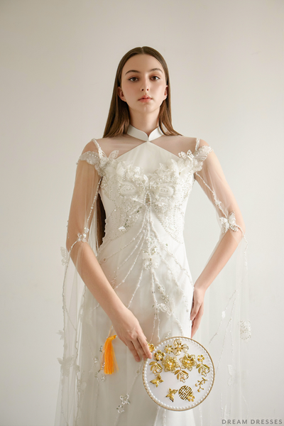 DreamDress By PMN Lalan Cheongsam Mermaid Trumpet Wedding Dress Gown White Illusion Sheer Back With Slits Hand-Applied Embellishments | Size: 6