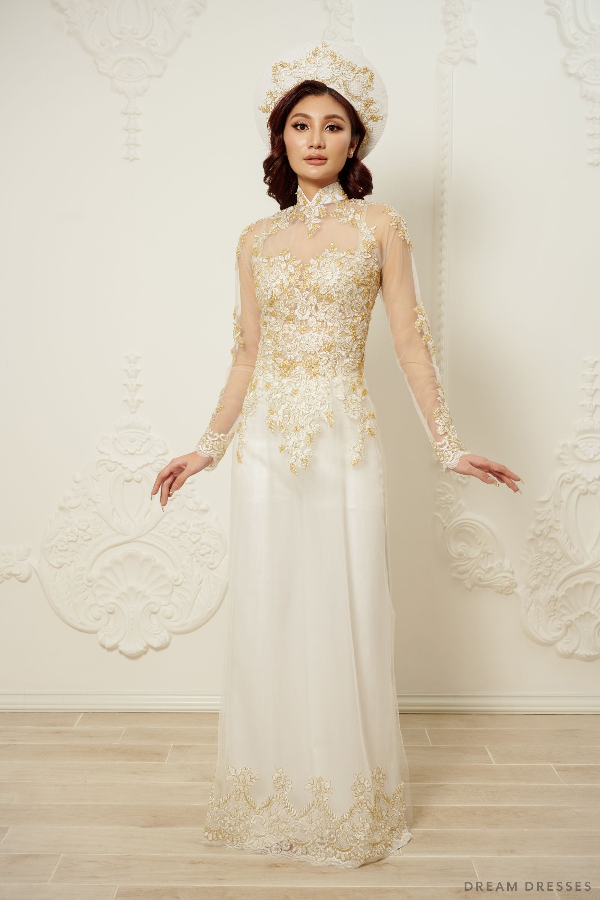 White Bridal Ao Dai | Vietnamese Traditional Bridal Dress with Gold Lace (#JIAYI)