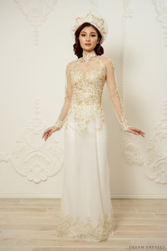 White Bridal Ao Dai | Vietnamese Traditional Bridal Dress with Gold Lace (#JIAYI) - Dream Dresses by P.M.N.