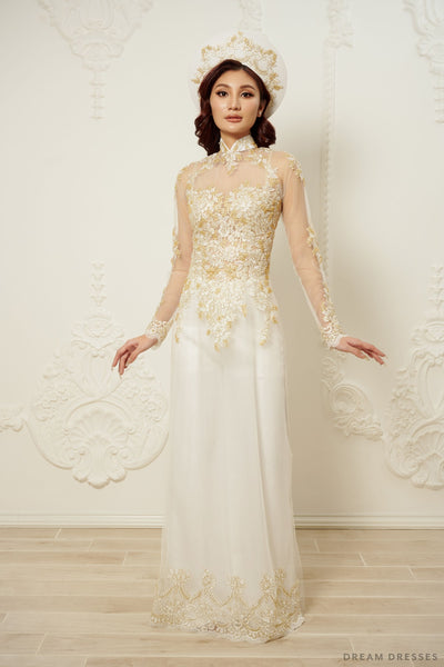 White Bridal o Di with Gold Lace | Vietnamese Traditional Dress White Bridal o Di with Gold Lace | Vietnamese Traditional Dress