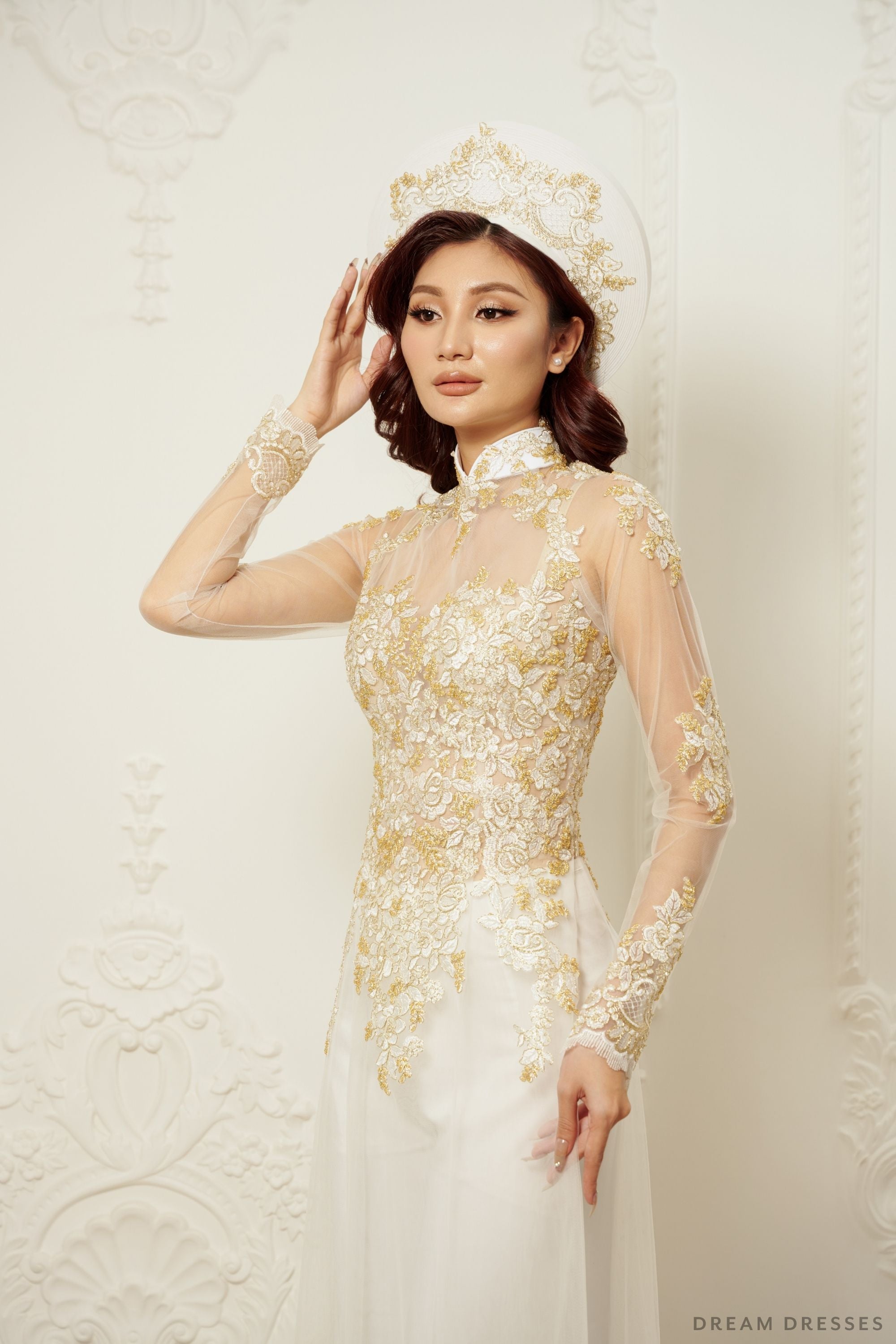 White Bridal Ao Dai | Vietnamese Traditional Bridal Dress with Gold Lace (#JIAYI)