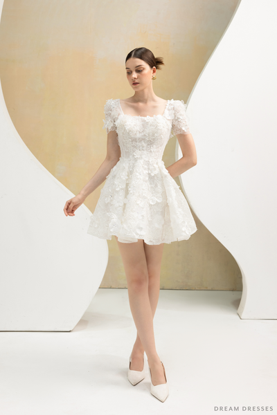 DreamDress By PMN Nalini Wedding Guest Evening Dinner Cocktail Party Dress Rehearsal Mini Squared Neck Floral Couture Embellishments