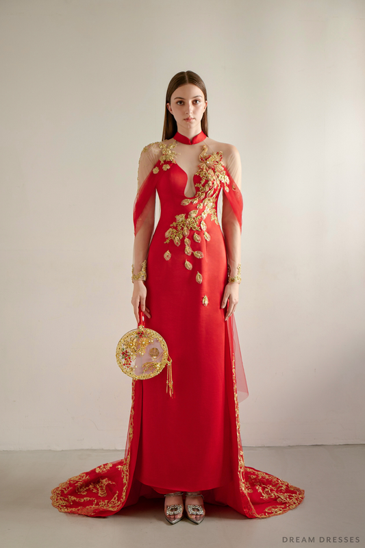 Red and Gold Wedding Qipao| Modern Bridal Qipao with Phoenix (#LILI) - Dream Dresses by P.M.N.